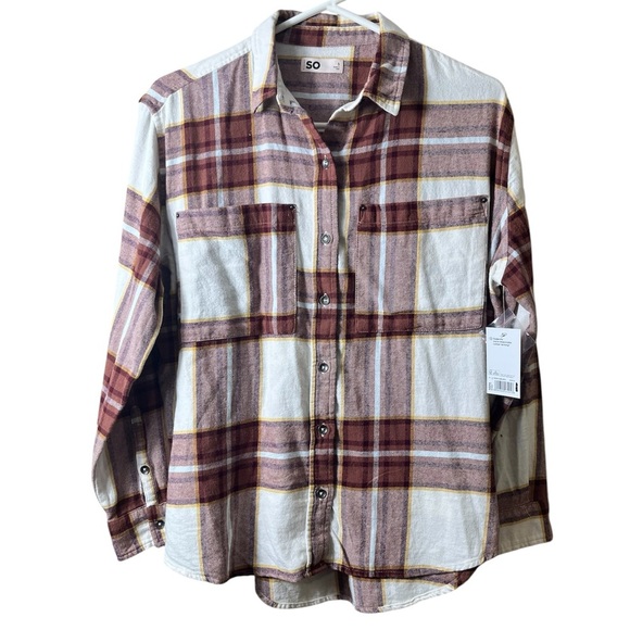NWT SO Oversized Cotton Casual Comfy Button Down Plaid Shirt Size Small Rust - Picture 1 of 8